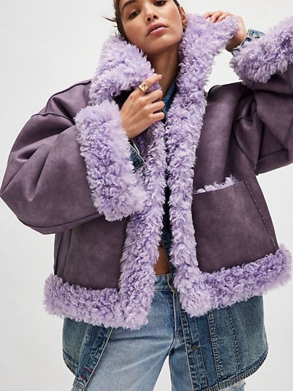 Free People Kiki Sherpa Jacket Lilac Purple Vegan Leather M